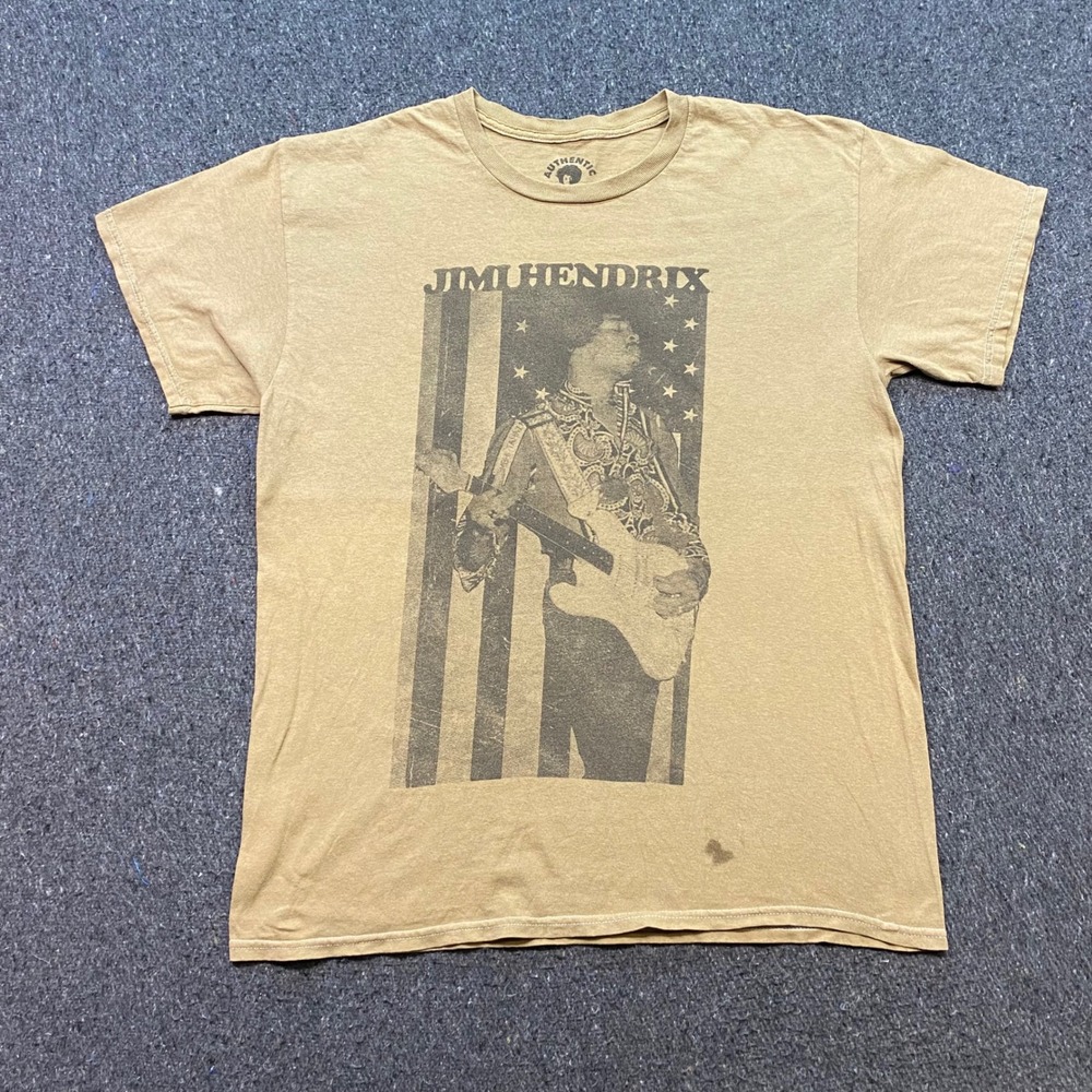 Authentic Jimi Hendrix TShirt Sz M Mens Tan Rock Graphic Grunge Skater Flag